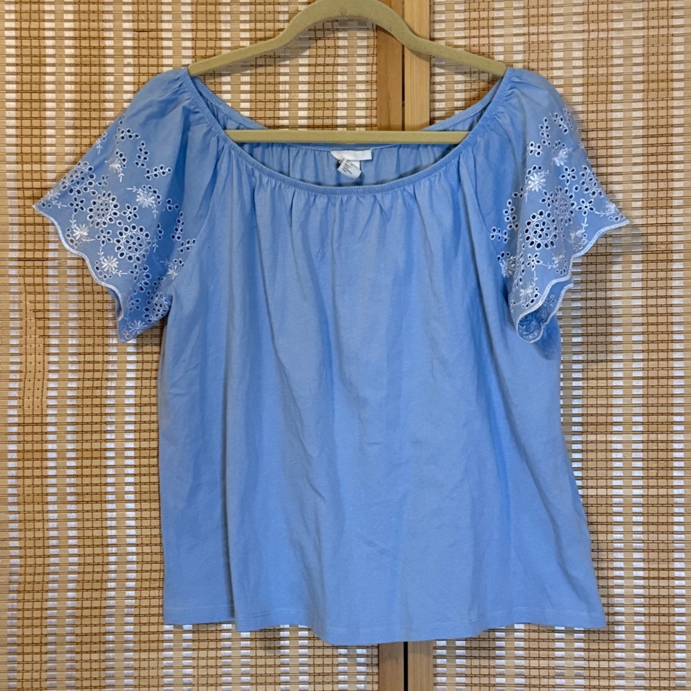 HM Light Blue Eyelet Embroidered Sleeve Top Small Scoop Neck Cotton Bohemian